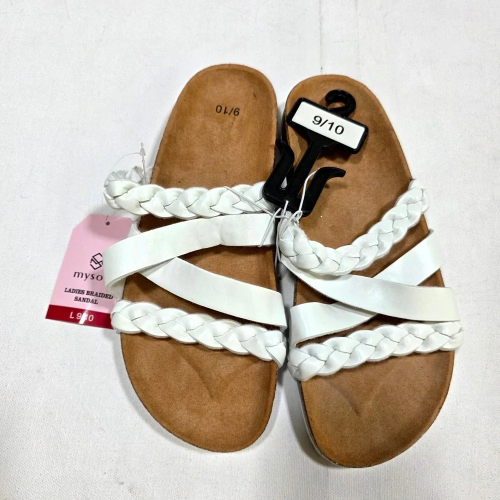 Mysoft Braided Sandal Ladies 9/10 White Slide Strappy Comfort Summer Beach Shoes